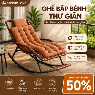 Ghế Bập Bênh Mây Nhựa Thư Giãn Có Gác Chân GUOGUO Ghế Lười Ban Công Khung Thép Chắc Chắn