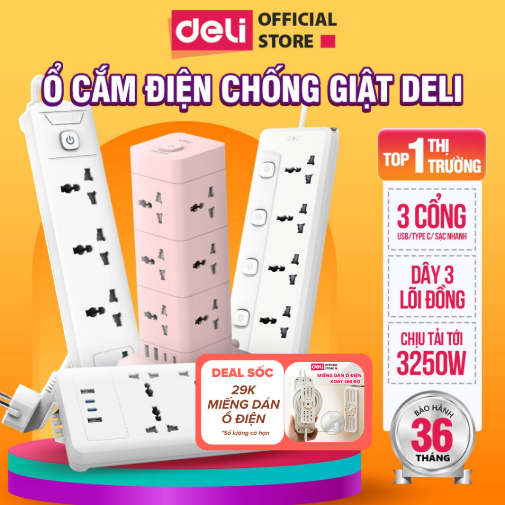[HỎA TỐC] Ổ Cắm Điện DELI Sạc NhanhPD20W Tích Hợp USB - Ổ Điện Đa Năng 2500W An Toàn Có Cầu Chì