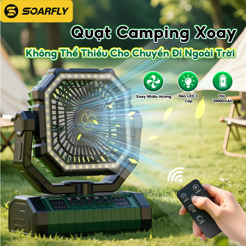 SOARFLY 20000Mah Quạt sạc ngoài trời đa chức năng với đèn LED treo có thể xoay với điều khiển từ xa thông minh