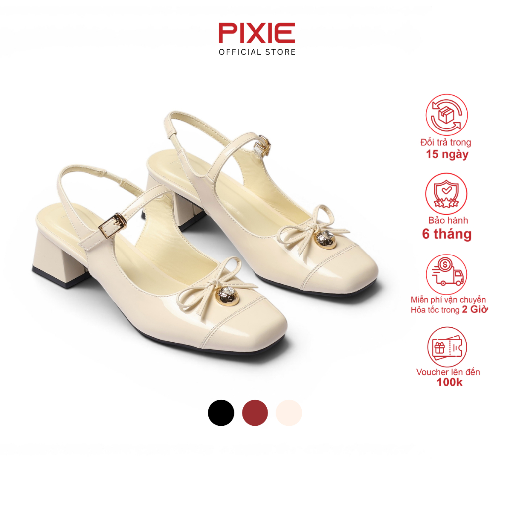 Giày Cao Gót Nữ 4cm Mũi Vuông Da Bóng Phối Nơ Cúc Vàng Thanh Lịch Pixie H464