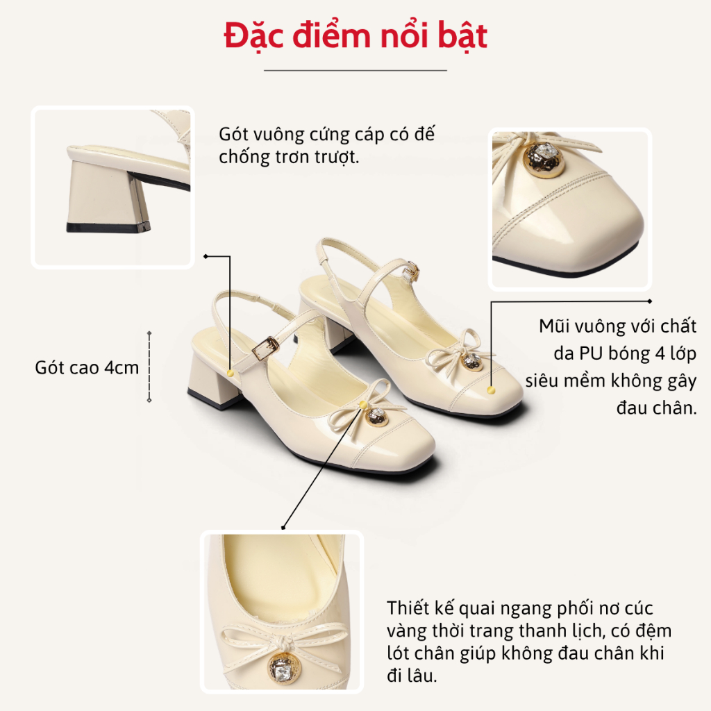 Giày Cao Gót Nữ 4cm Mũi Vuông Da Bóng Phối Nơ Cúc Vàng Thanh Lịch Pixie H464