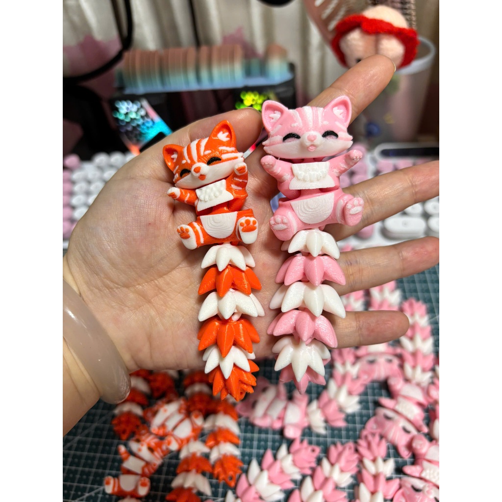 Móc Khóa Mèo Đuôi Xù In 3D Khớp Cử Động Siêu Cute – Cat Keychain Trang Trí Túi Xách, Balo, Chìa Khóa