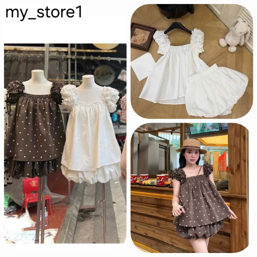SÉT áo babydoll chân váy chun bí cổ vuông tay nhún bèo ,thô đũi set tiểu thư cho nàng