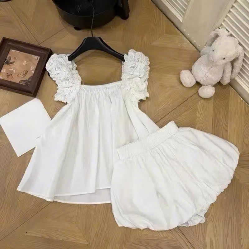 SÉT áo babydoll chân váy chun bí cổ vuông tay nhún bèo ,thô đũi set tiểu thư cho nàng