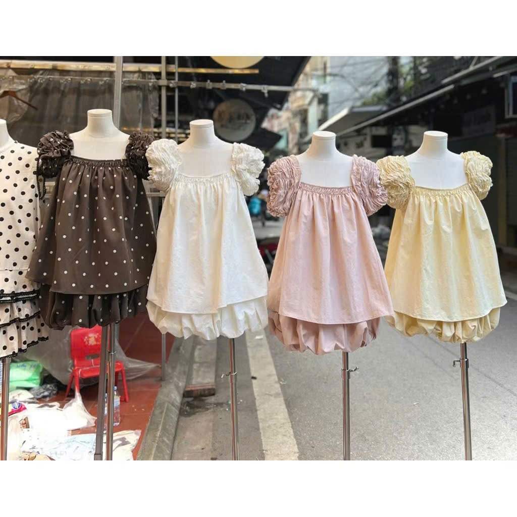 SÉT áo babydoll chân váy chun bí cổ vuông tay nhún bèo ,thô đũi set tiểu thư cho nàng