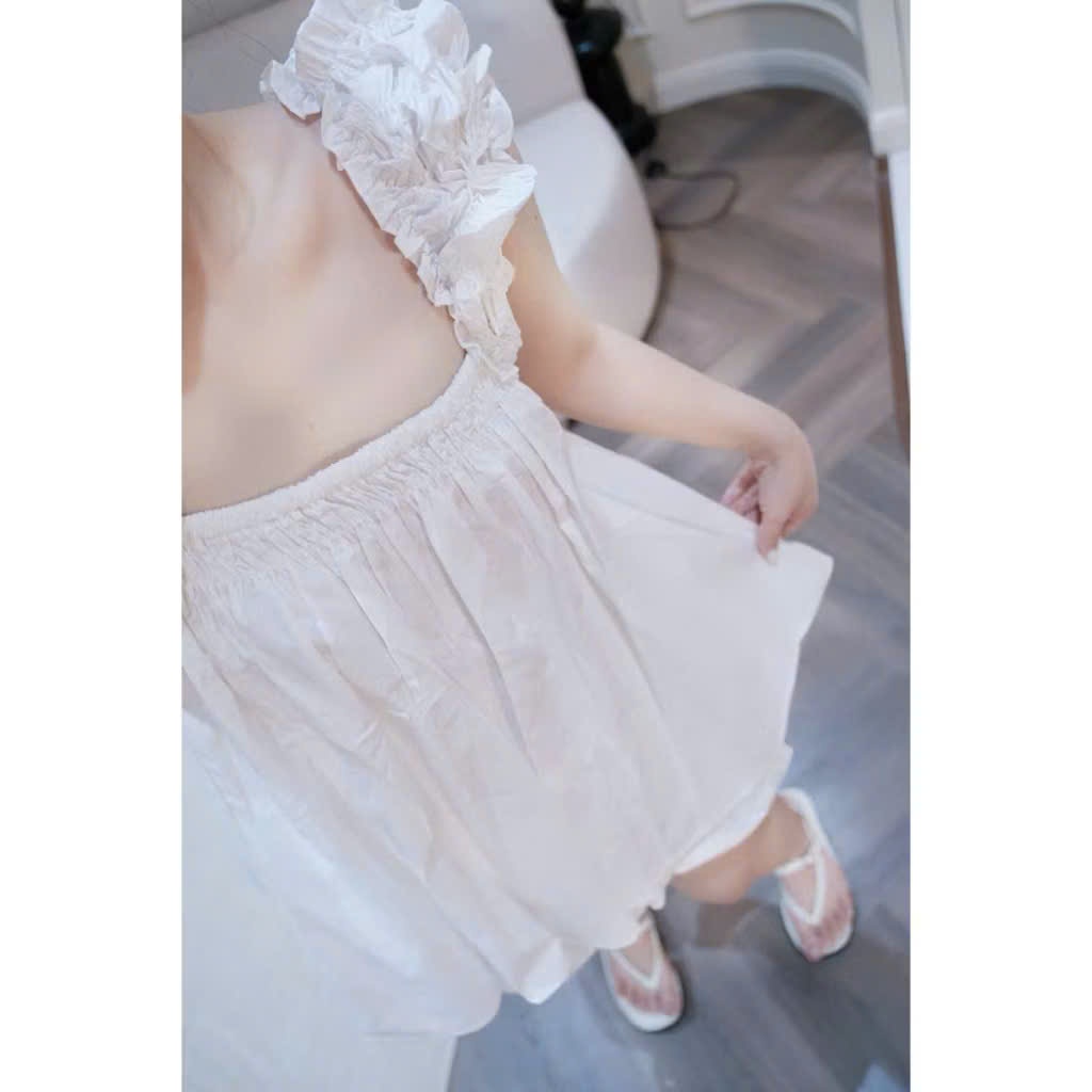 SÉT áo babydoll chân váy chun bí cổ vuông tay nhún bèo ,thô đũi set tiểu thư cho nàng