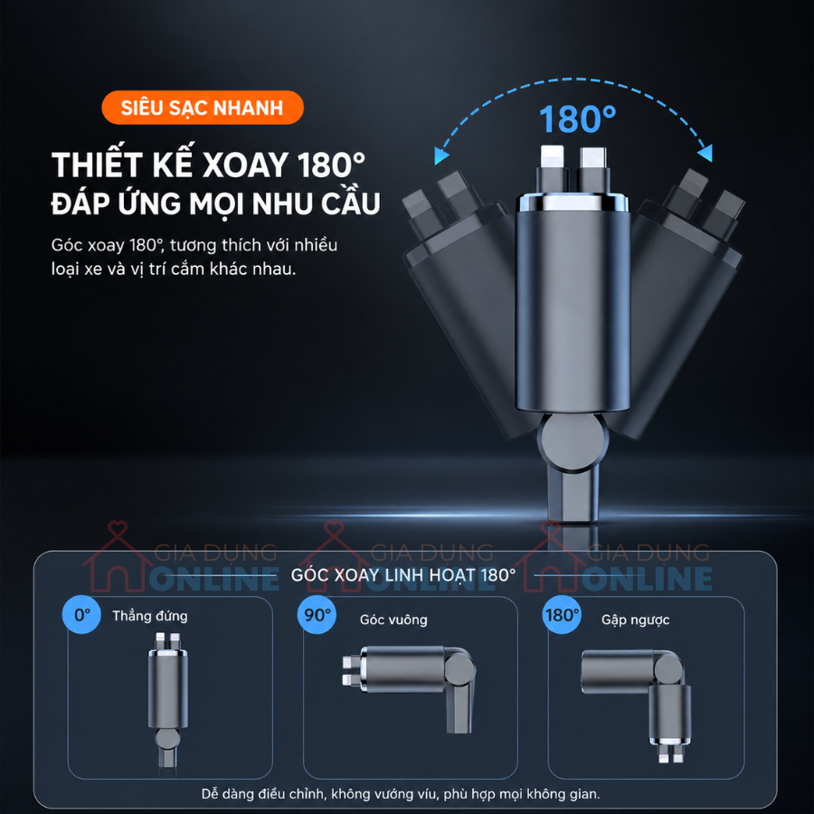 Bộ sạc điện thoại đa năng cho xe điện: 2 dây cáp kéo rút, 2 cổng USB, 1 cổng PD, thân gập 180 độ…