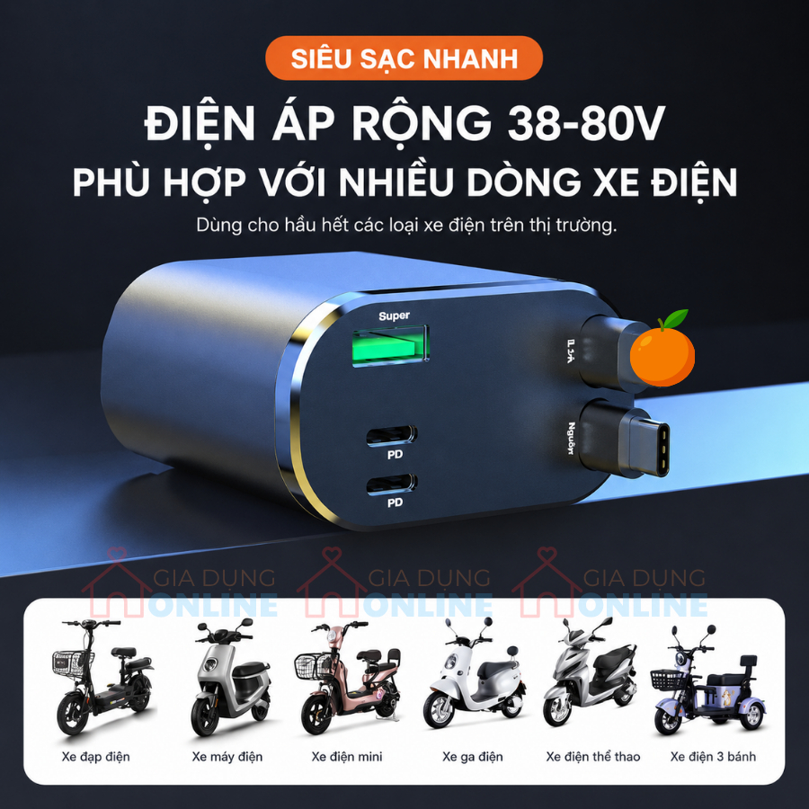 Bộ sạc điện thoại đa năng cho xe điện: 2 dây cáp kéo rút, 2 cổng USB, 1 cổng PD, thân gập 180 độ…