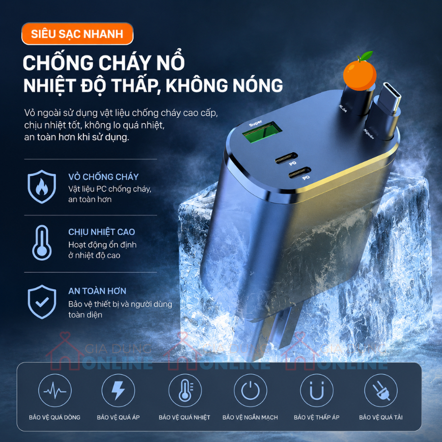 Bộ sạc điện thoại đa năng cho xe điện: 2 dây cáp kéo rút, 2 cổng USB, 1 cổng PD, thân gập 180 độ…