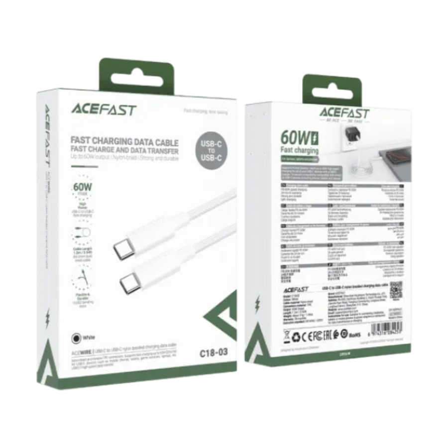 Cáp Sạc Nhanh Type-C To Type-C 60W Acefast C18-03 - 1.2M, Vỏ Dù Siêu Bền - Hàng Chính Hãng
