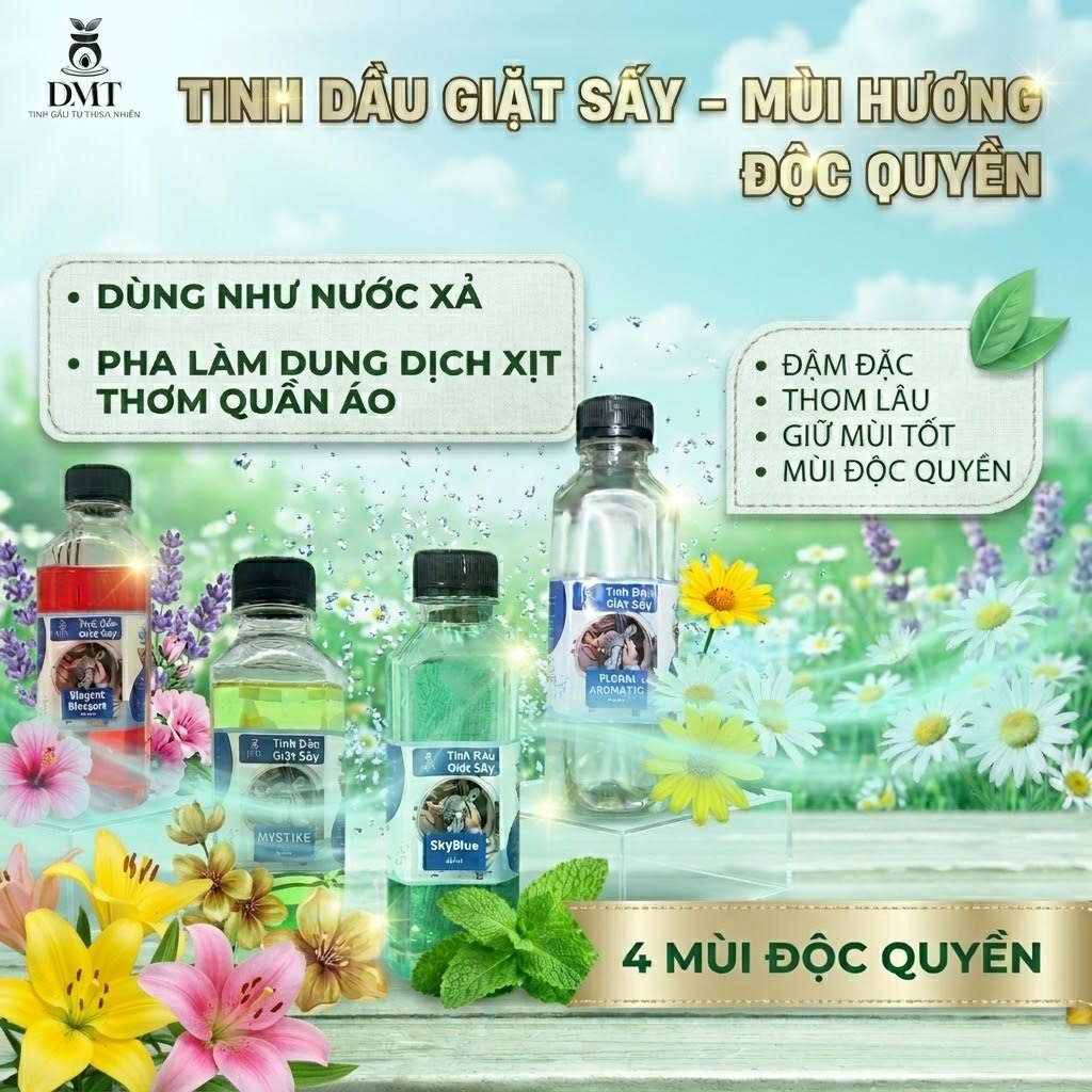 Tinh dầu giặt sấy DMT, Tinh dầu giặt sấy đậm đặc nguyên chất, 4 mùi hương độc quyền Thơm giữ mùi tốt