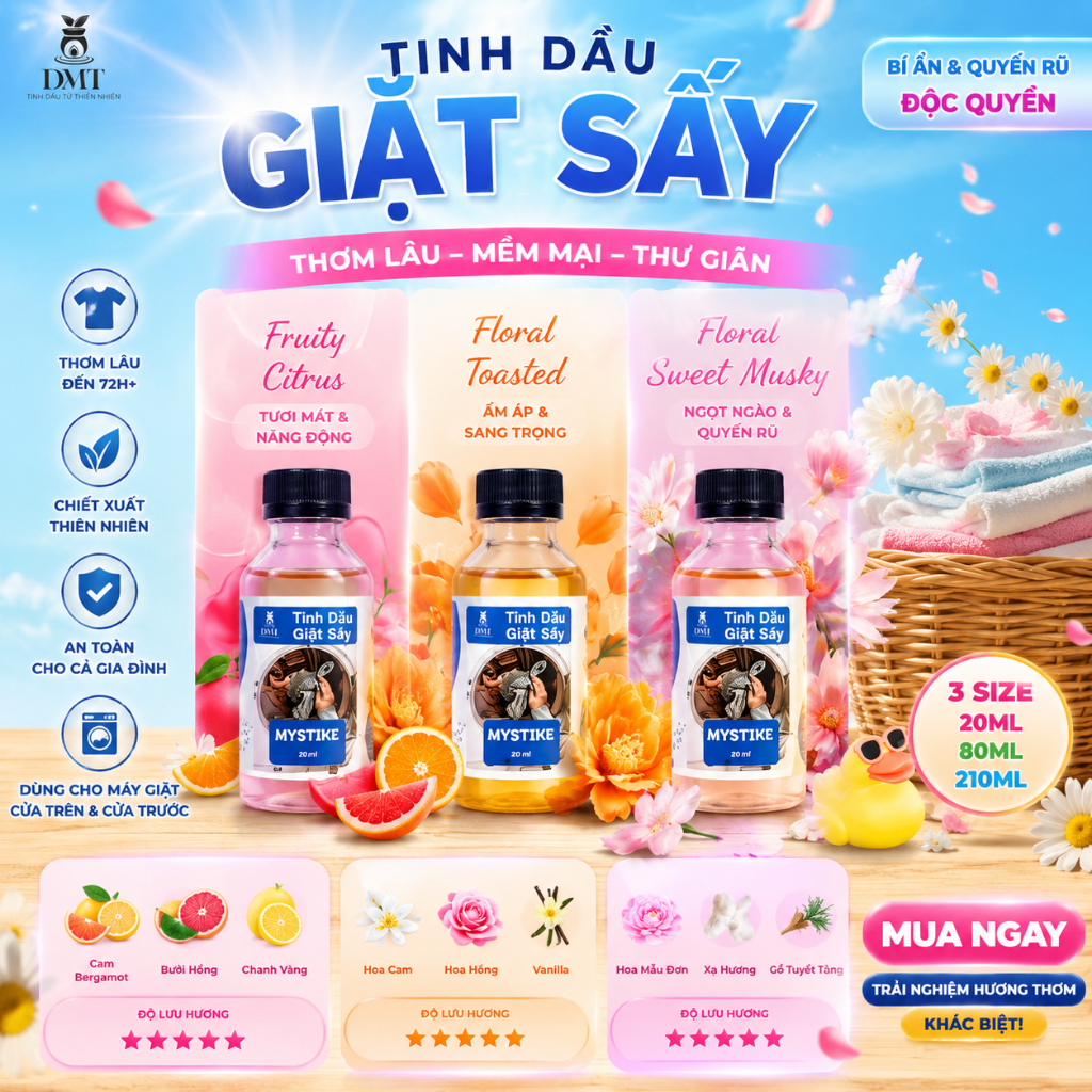 Tinh dầu giặt sấy DMT, Tinh dầu giặt sấy đậm đặc nguyên chất, 4 mùi hương độc quyền Thơm giữ mùi tốt