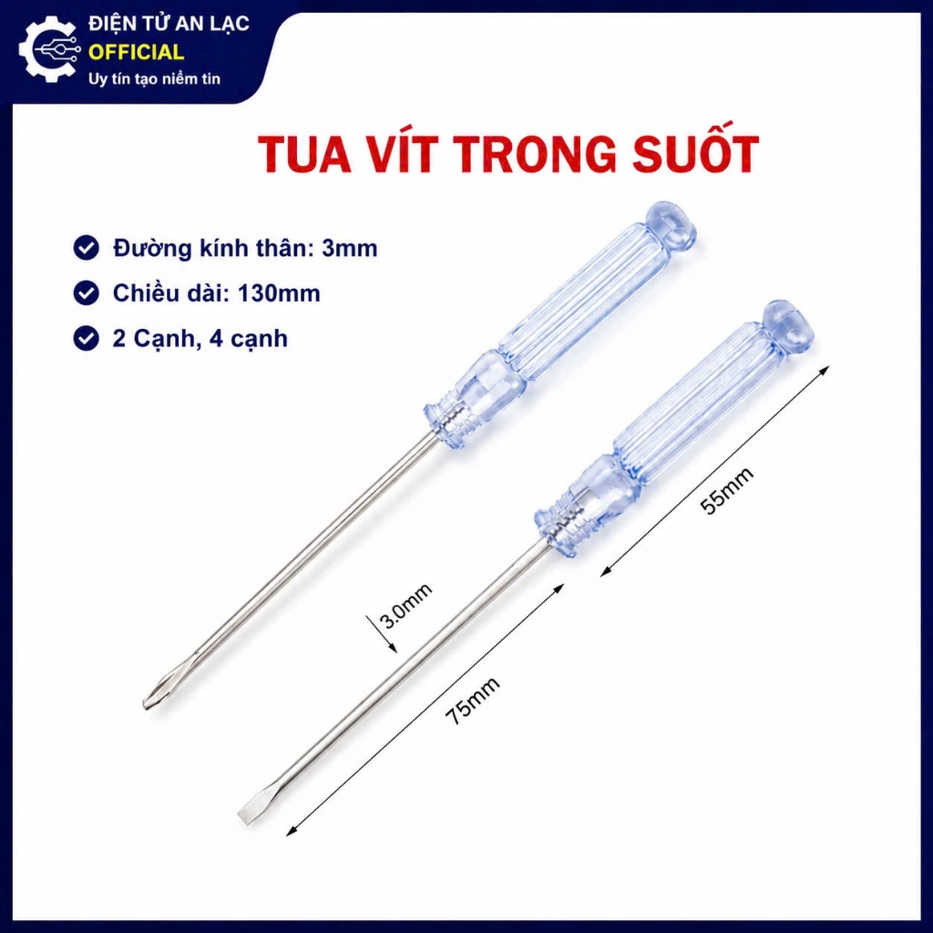 Tua vít bé cán pha lê trong suốt dài 13cm 2 cạnh 4 cạnh Siêu rẻ