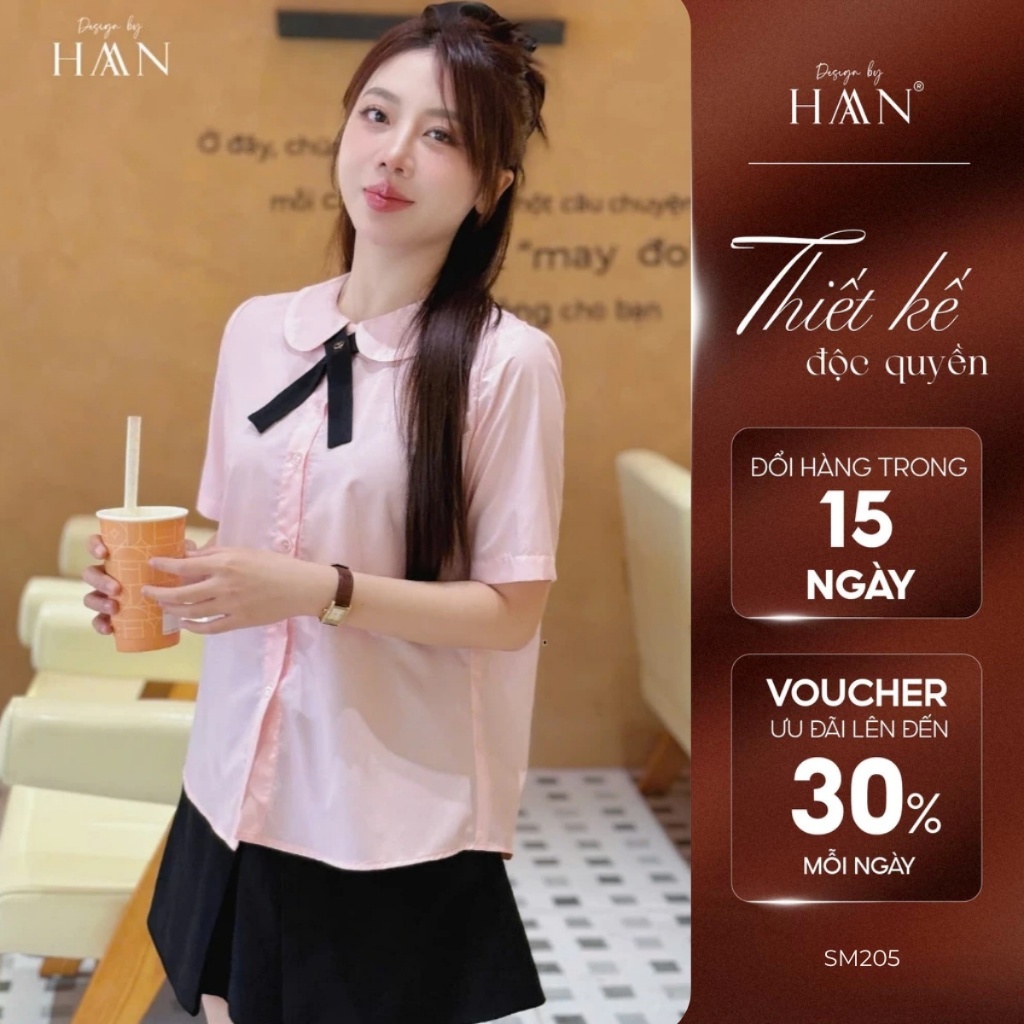 Áo Sơ Mi Nữ Ngắn Tay Mix Nơ Cổ Basic Chất Thô Lụa Mềm Mát SM205
