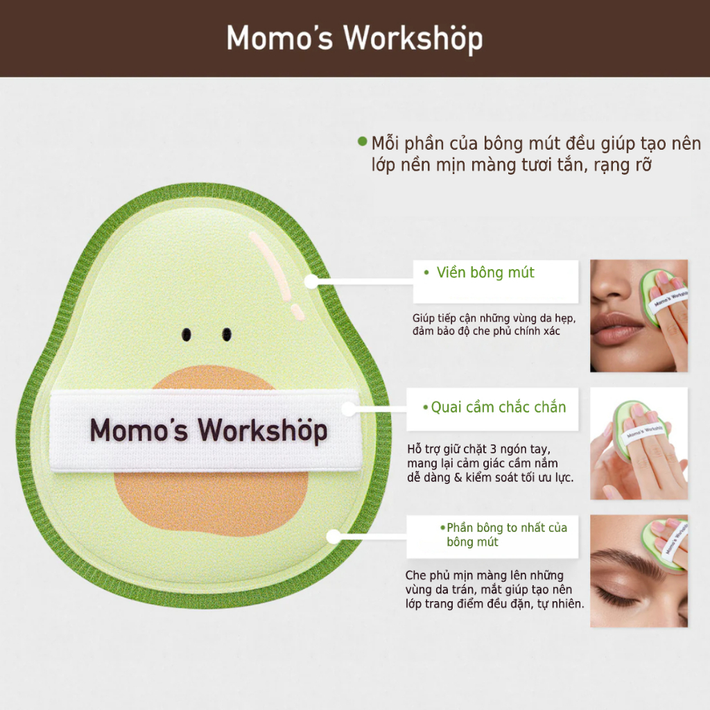 Bông Mút Trang Điểm Hình Quả Bơ Momo's Workshop Bento Buddies Paopaomi Dewy Puff Avocado (2pcs)