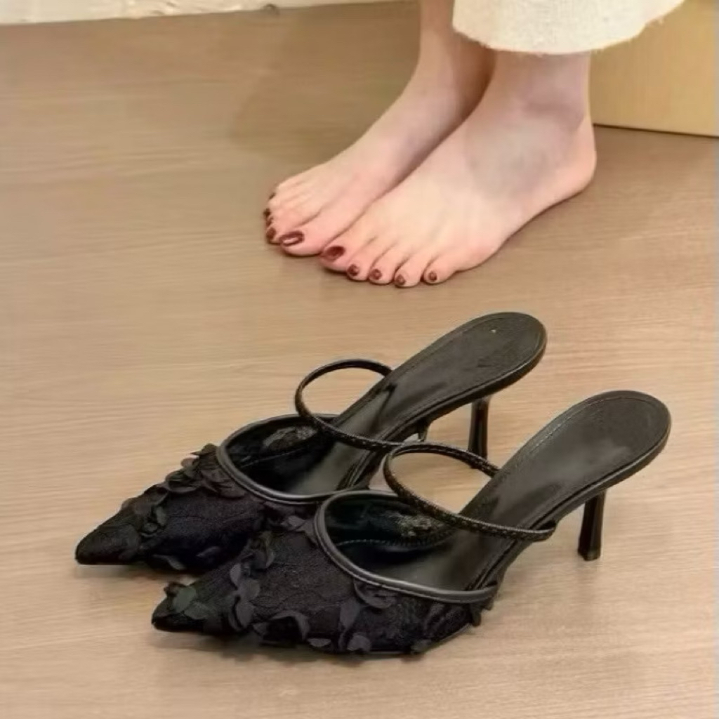 [D34] Giày VANA FASHIONSHOES , Sục cao gót nữ bản hoa ren nổi gót nhọn 5,7,9p