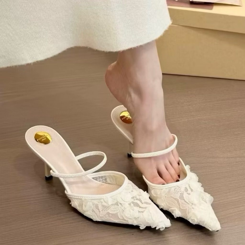 [D34] Giày VANA FASHIONSHOES , Sục cao gót nữ bản hoa ren nổi gót nhọn 5,7,9p