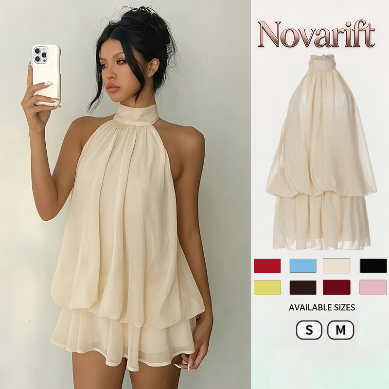 Nova-áo yếm dáng bí nhún eo chun bồng xoè hở lưng kèm biển dáng yếm chất tơ xốp