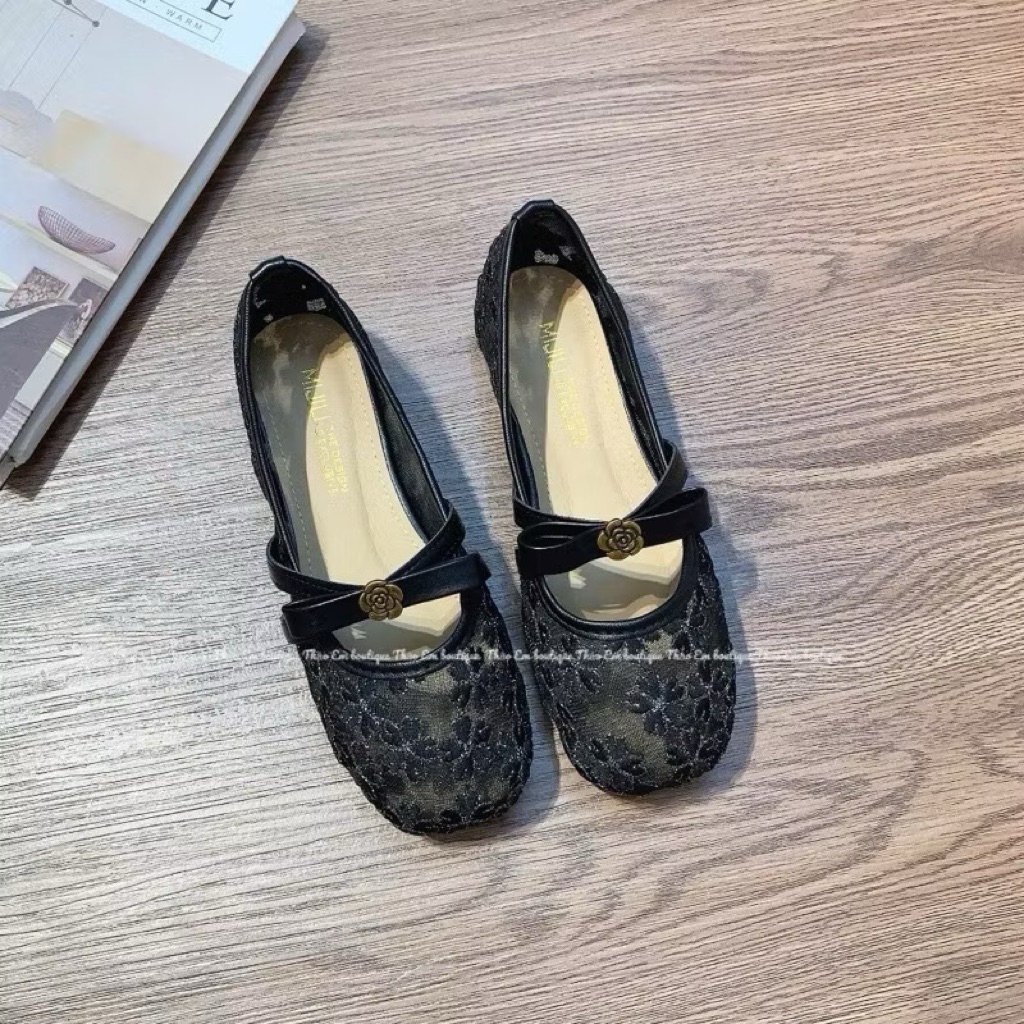 [D36] Giày bệt VANA FASHIONSHOES  , bệt nữ bản lưới hoa xuyến chi thêu nổi đính hoa trà bệt 1p