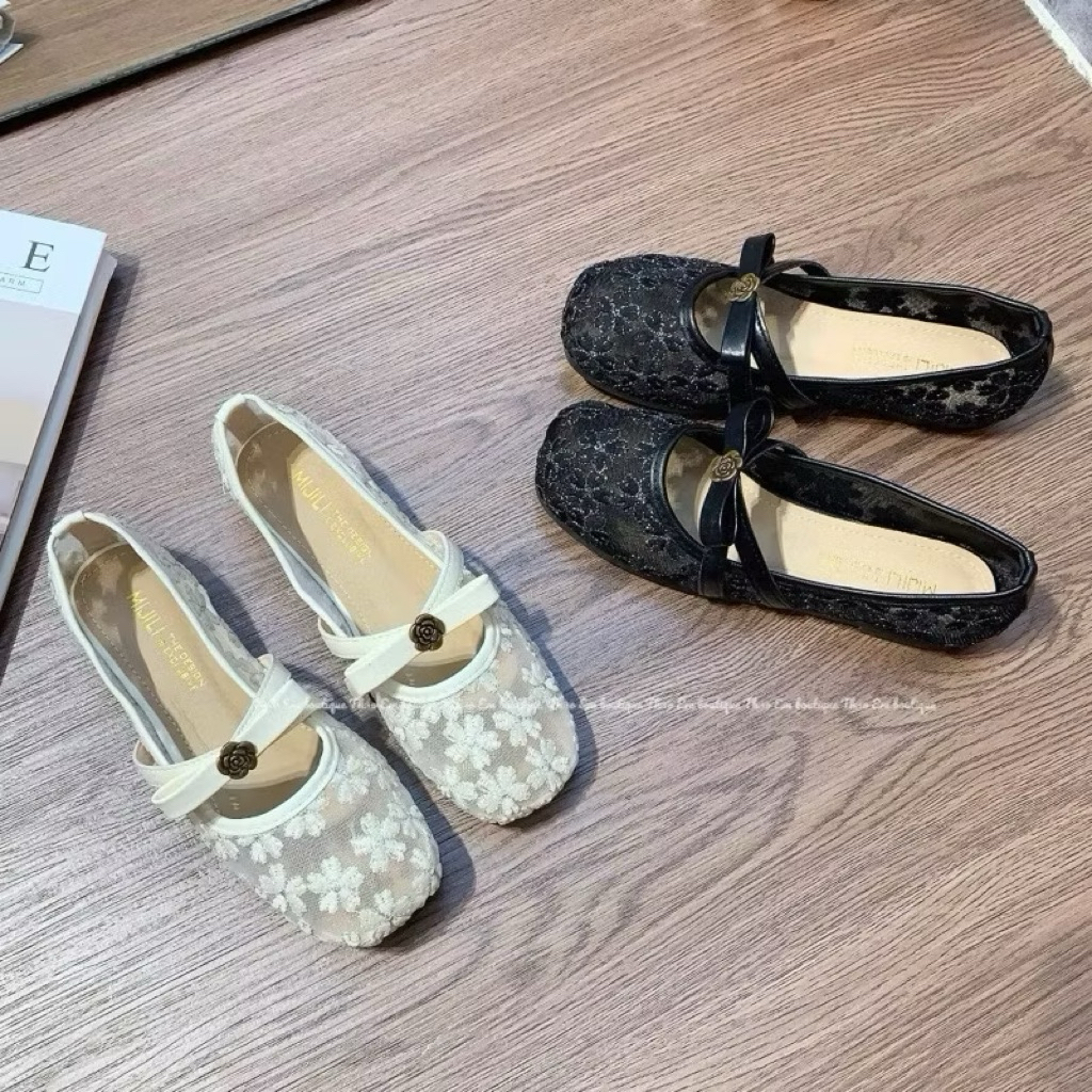 [D36] Giày bệt VANA FASHIONSHOES  , bệt nữ bản lưới hoa xuyến chi thêu nổi đính hoa trà bệt 1p