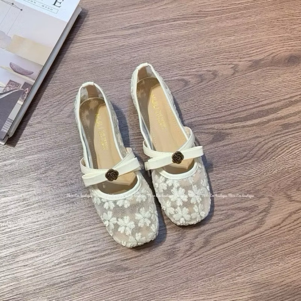 [D36] Giày bệt VANA FASHIONSHOES  , bệt nữ bản lưới hoa xuyến chi thêu nổi đính hoa trà bệt 1p