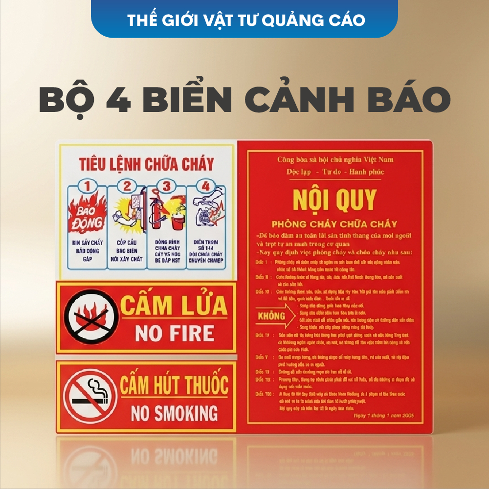 Bộ 4 biển tiêu lệnh cảnh báo PCCC- Bảng nội quy, bảng nhắc nhở, biển treo tường cho cửa hàng, văn phòng
