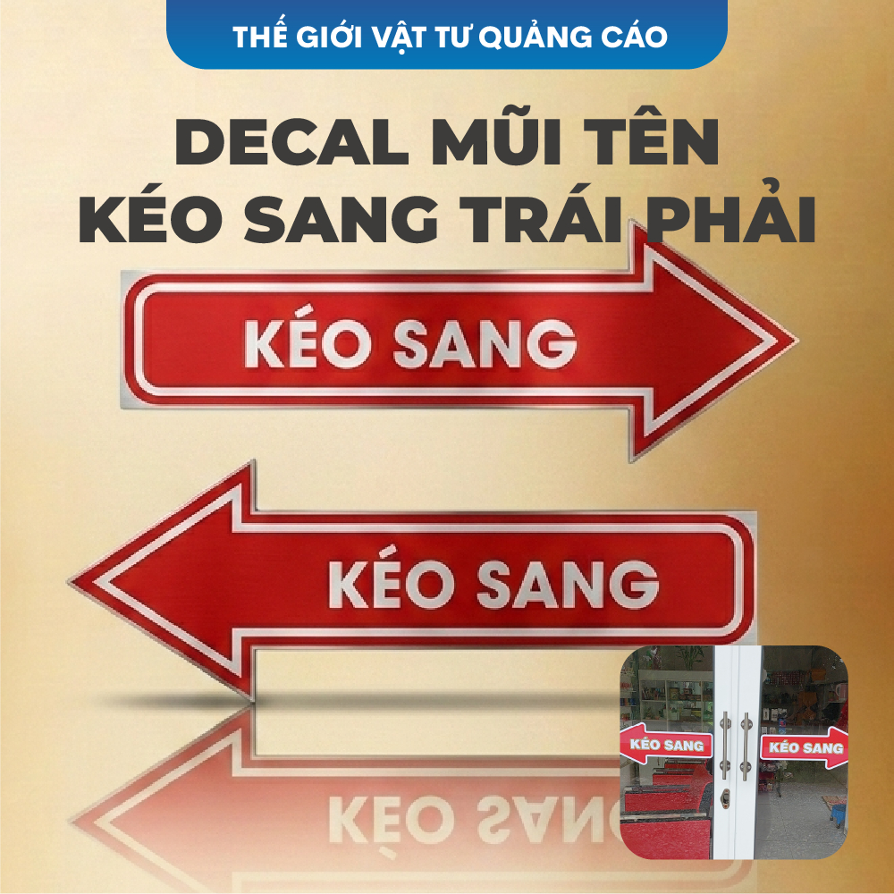 Combo 3 Decal dán cửa kính Kéo Ngang BEDO - Bộ sticker mũi tên chỉ dẫn sang trái/phải cao cấp chống bay màu cho cửa hàng