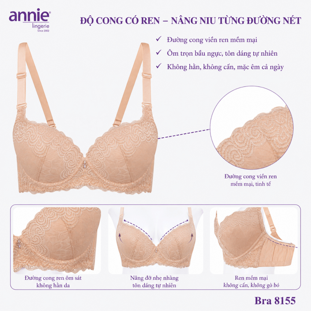 Áo ngực ren 3 móc size lớn, bản to che mỡ lưng cao cấp annie Bra8155 ôm ngực mút mỏng vừa thoải mái