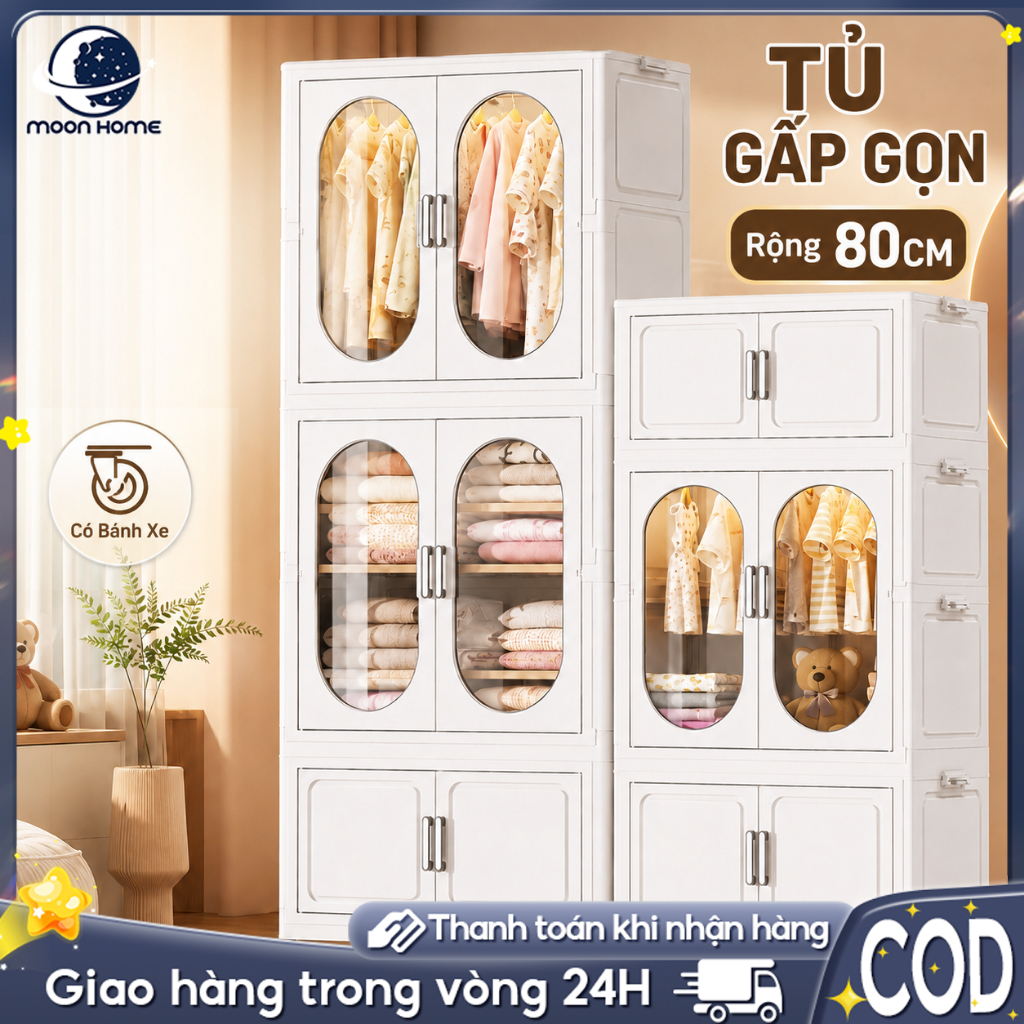 Moon Tủ Quần Áo Trẻ Em Trong Suốt Có Bánh Xe Tủ Quần Áo Nhựa Gấp Gọn Kệ Để Quần Áo Đa Năng