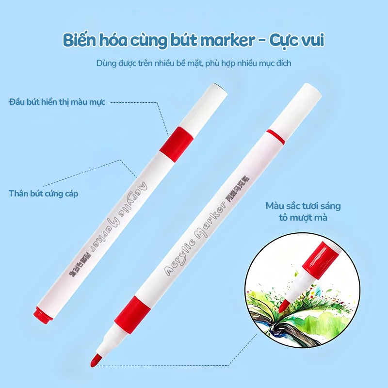 Màu Acrylic Marker Hộp Paint Vẽ Đa Năng Cho Học Sinh, Bám Tốt Trên Mọi Bề Mặt, Màu Tươi Sáng, Đầu Tròn An Toàn