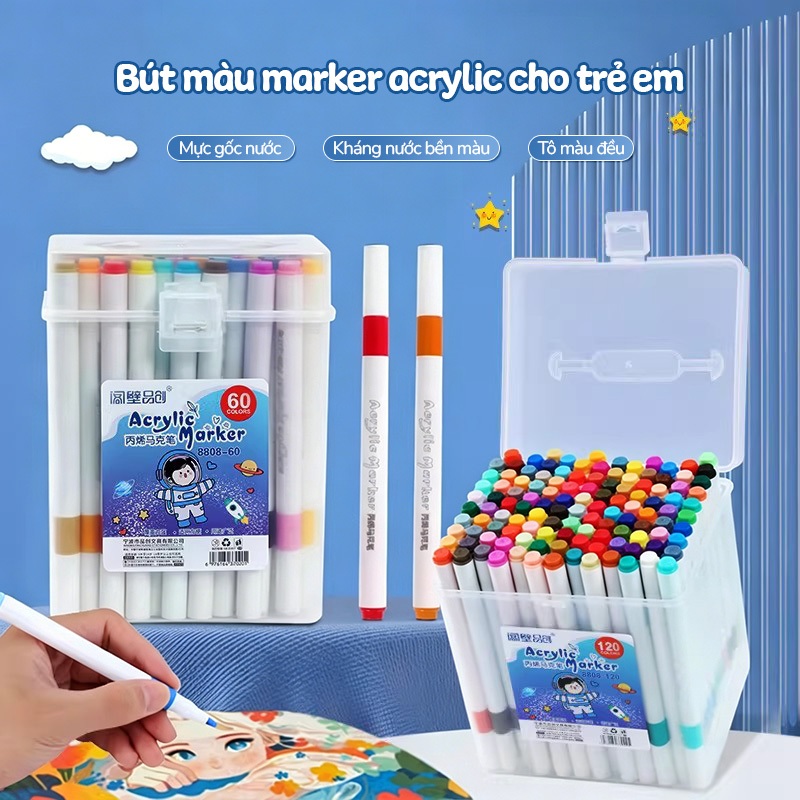 Màu Acrylic Marker Hộp Paint Vẽ Đa Năng Cho Học Sinh, Bám Tốt Trên Mọi Bề Mặt, Màu Tươi Sáng, Đầu Tròn An Toàn