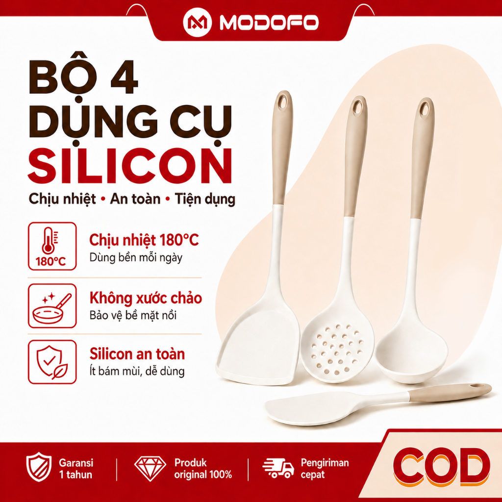MODOFO Bộ 4 xẻng nấu ăn bằng silicon chịu nhiệt độ cao chống dính dùng cho nồi chảo