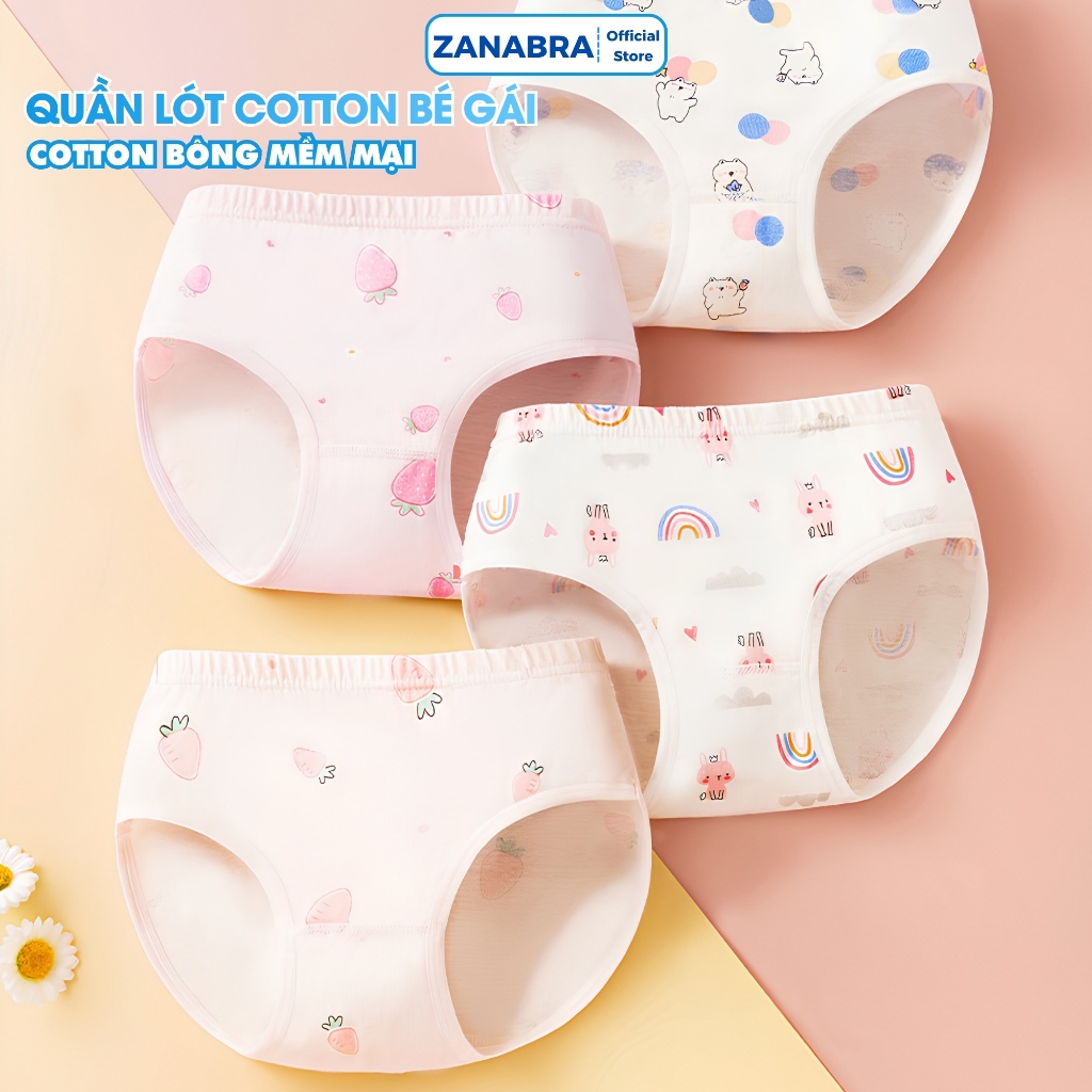 Combo 4 Quần Lót Bé Gái Chất Cotton Mềm, Quần Chip Trẻ Em Đáy May 2 Lớp Kháng Khuẩn ZANABRA L7000