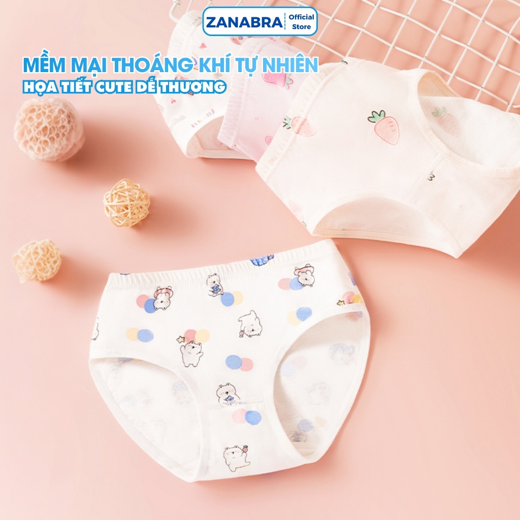 Combo 4 Quần Lót Bé Gái Chất Cotton Mềm, Quần Chip Trẻ Em Đáy May 2 Lớp Kháng Khuẩn ZANABRA L7000
