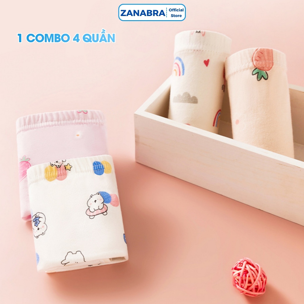 Combo 4 Quần Lót Bé Gái Chất Cotton Mềm, Quần Chip Trẻ Em Đáy May 2 Lớp Kháng Khuẩn ZANABRA L7000