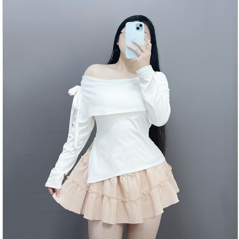 Set Áo Thun Trễ Vai Bigsize Nữ Vải Gân Tăm Mềm Mại Kèm Chân Váy Xòe Lưng Cao Xinh Xắn SET942