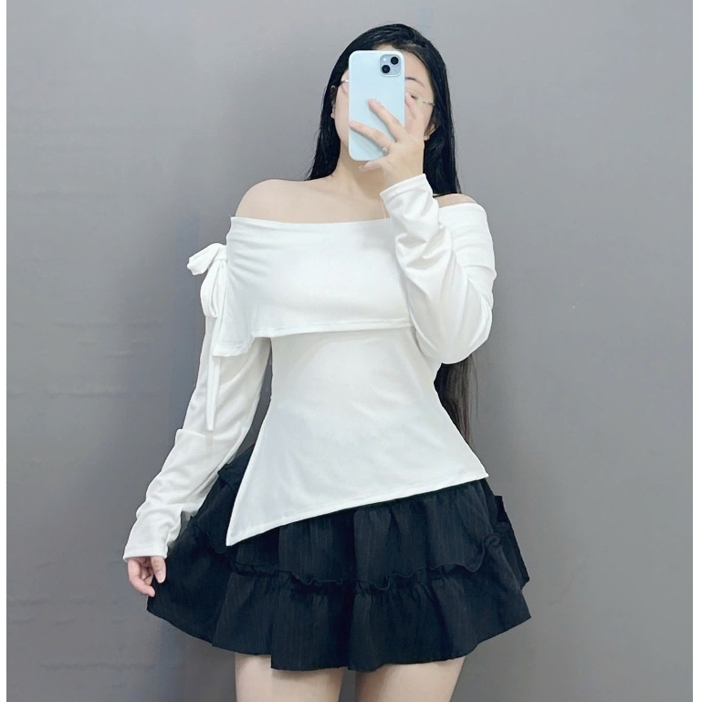 Set Áo Thun Trễ Vai Bigsize Nữ Vải Gân Tăm Mềm Mại Kèm Chân Váy Xòe Lưng Cao Xinh Xắn SET942