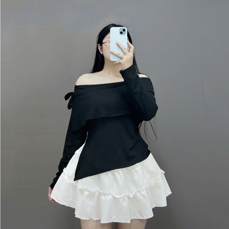 Set Áo Thun Trễ Vai Bigsize Nữ Vải Gân Tăm Mềm Mại Kèm Chân Váy Xòe Lưng Cao Xinh Xắn SET942