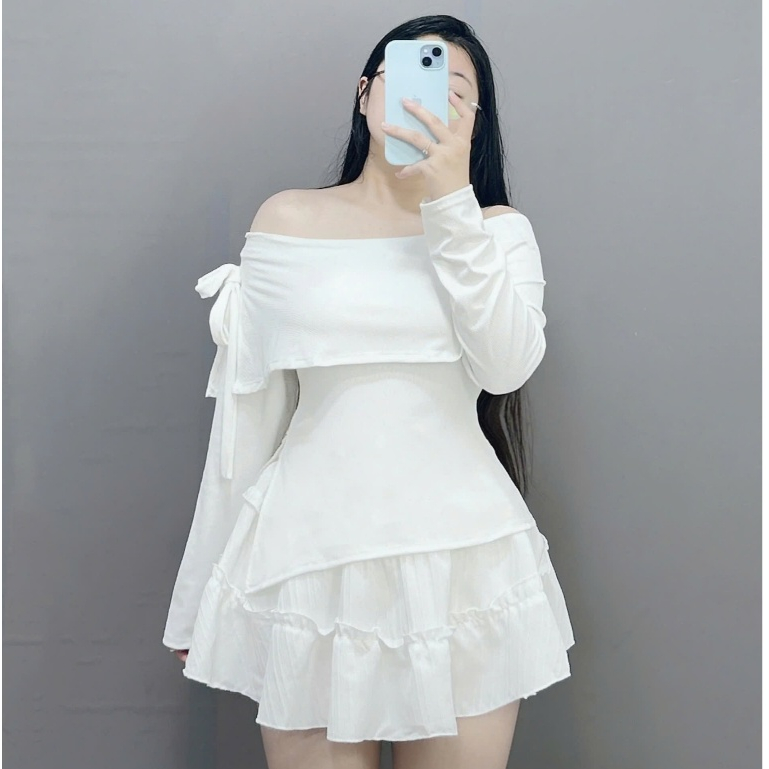 Set Áo Thun Trễ Vai Bigsize Nữ Vải Gân Tăm Mềm Mại Kèm Chân Váy Xòe Lưng Cao Xinh Xắn SET942
