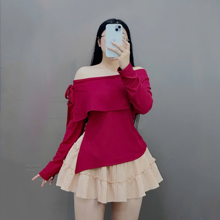 Set Áo Thun Trễ Vai Bigsize Nữ Vải Gân Tăm Mềm Mại Kèm Chân Váy Xòe Lưng Cao Xinh Xắn SET942