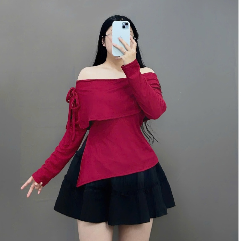 Set Áo Thun Trễ Vai Bigsize Nữ Vải Gân Tăm Mềm Mại Kèm Chân Váy Xòe Lưng Cao Xinh Xắn SET942