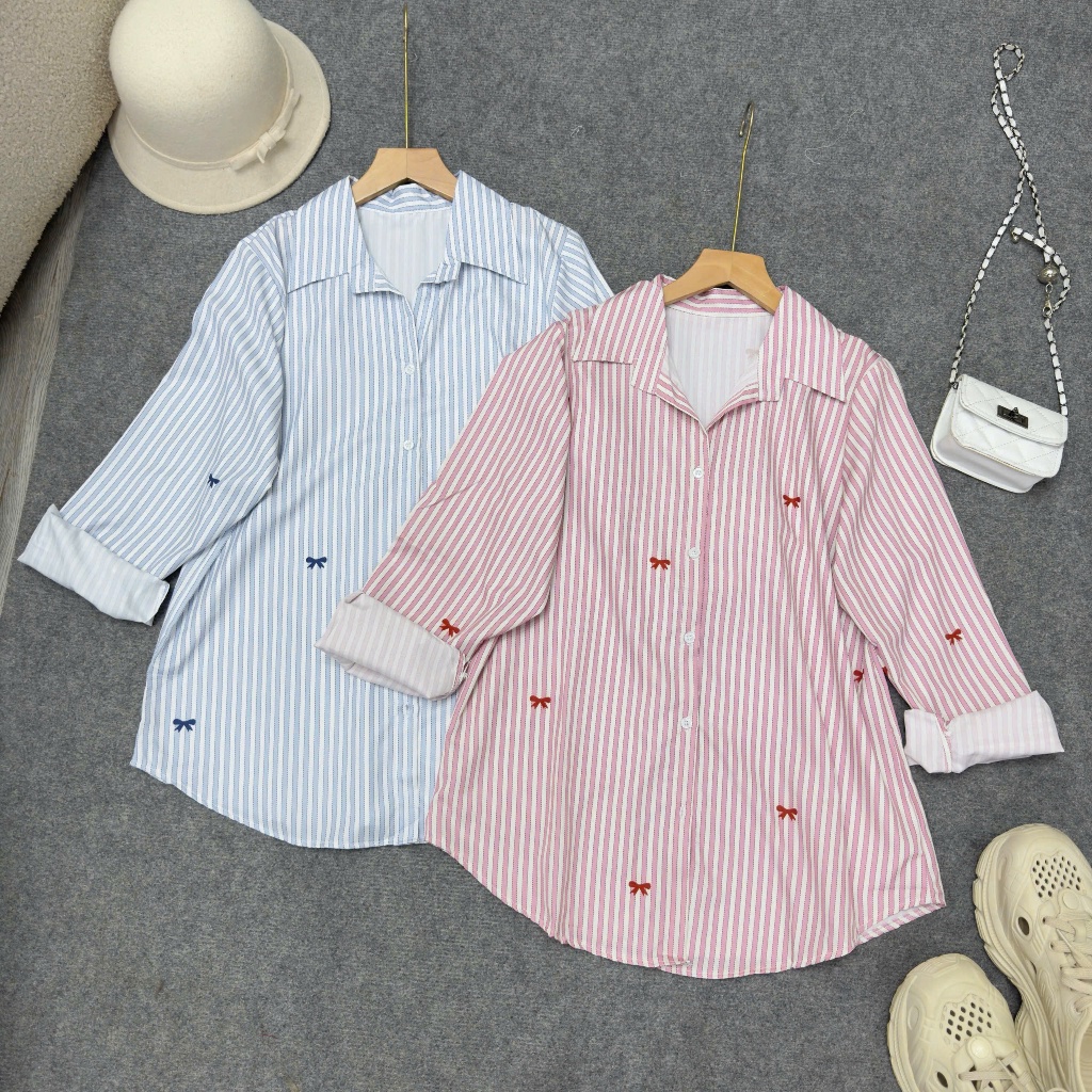 Áo Sơ Mi Bigsize Nữ Dài Tay Kẻ Sọc Thêu Nơ – Form Rộng, Chất Lụa Mềm Mịn, Thời Trang Công Sở SM181