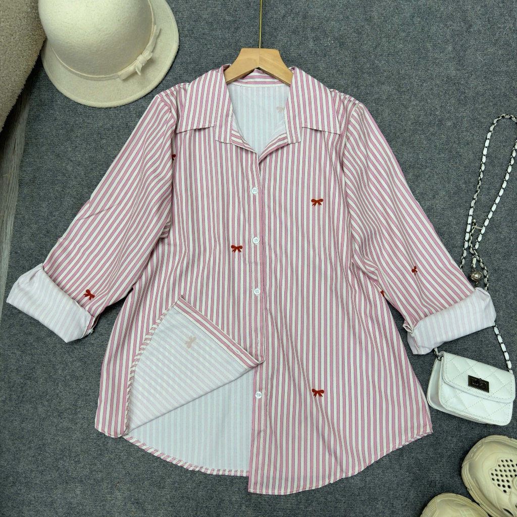 Áo Sơ Mi Bigsize Nữ Dài Tay Kẻ Sọc Thêu Nơ – Form Rộng, Chất Lụa Mềm Mịn, Thời Trang Công Sở SM181