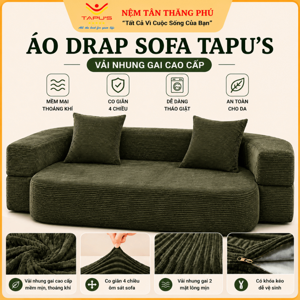 Áo Bọc Sofa Tapu’s ( Không phải Sofa) Vải Nhung Gai Cao Cấp – Co Giãn 4 Chiều, Chống Bụi Bẩn, Dễ Tháo Giặt, Nhiều Màu | BigBuy360 - bigbuy360.vn