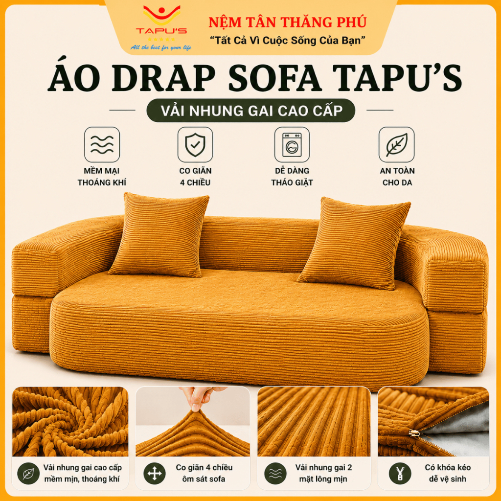 Áo Bọc Sofa Tapu’s ( Không phải Sofa) Vải Nhung Gai Cao Cấp – Co Giãn 4 Chiều, Chống Bụi Bẩn, Dễ Tháo Giặt, Nhiều Màu | BigBuy360 - bigbuy360.vn