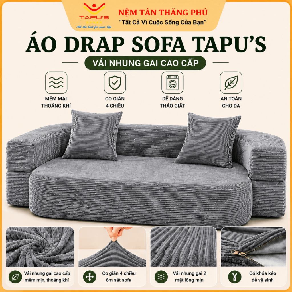 Áo Bọc Sofa Tapu’s ( Không phải Sofa) Vải Nhung Gai Cao Cấp – Co Giãn 4 Chiều, Chống Bụi Bẩn, Dễ Tháo Giặt, Nhiều Màu | BigBuy360 - bigbuy360.vn
