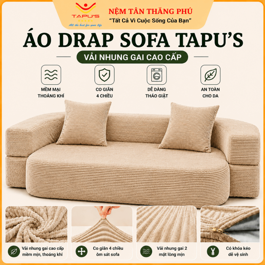 Áo Bọc Sofa Tapu’s ( Không phải Sofa) Vải Nhung Gai Cao Cấp – Co Giãn 4 Chiều, Chống Bụi Bẩn, Dễ Tháo Giặt, Nhiều Màu | BigBuy360 - bigbuy360.vn