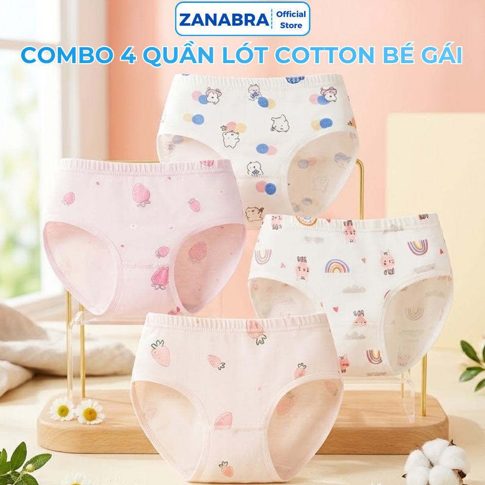 Combo 4 Quần Lót Bé Gái Dáng Đùi Hoạ Tiết Hoạt Hình, Set 4 Quần Lót Trẻ Em Cotton Mềm Mịn ZANABRA