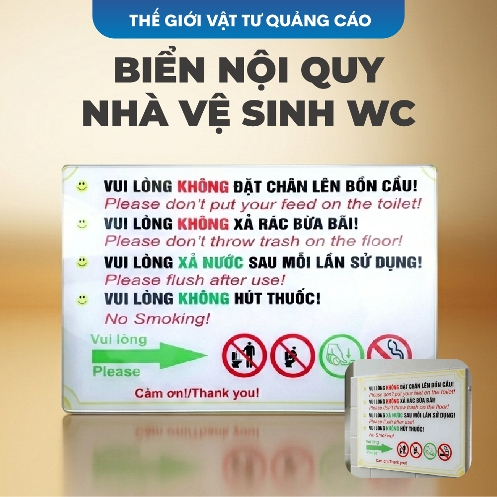 Bảng nội quy toilet WC Bedo, Biển mica dán tường nhà vệ sinh, Bảng quy định WC chống nước bền màu văn phòng quán cafe
