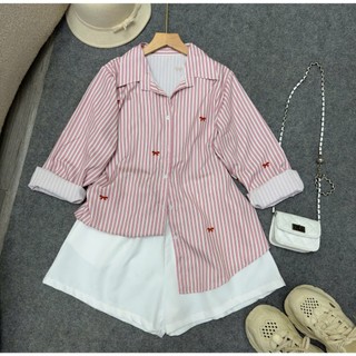 Set đồ bigsize nữ áo sơ mi kẻ sọc phom rộng phối quần đùi lưng chun co giãn thoải mái thoáng mát basic ngày hè - SET975